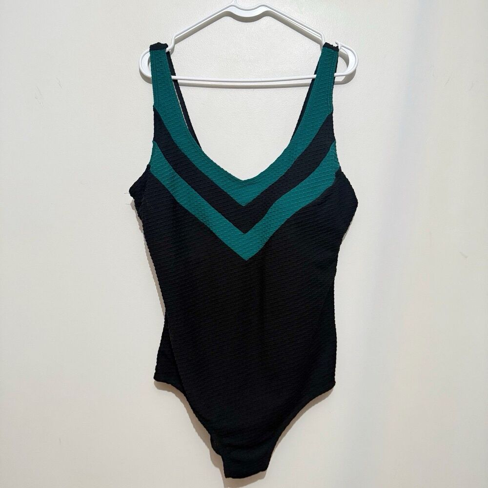 Aquamore  One Piece Swimsuit Teal Stripe Lined Tummy Control Vacation Vintage